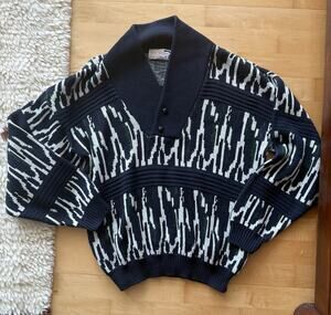 VTG Selection London Navy Print Shawl Collar Knit Popover Sweater Funky 80s M